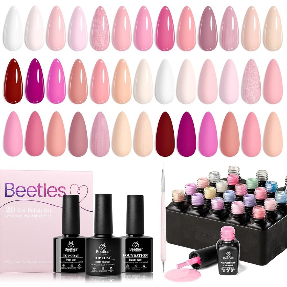 Beetles Pink Gel Nail Polish Dare To Bare Gel Polish Set, 20 Color Soak Off Uv